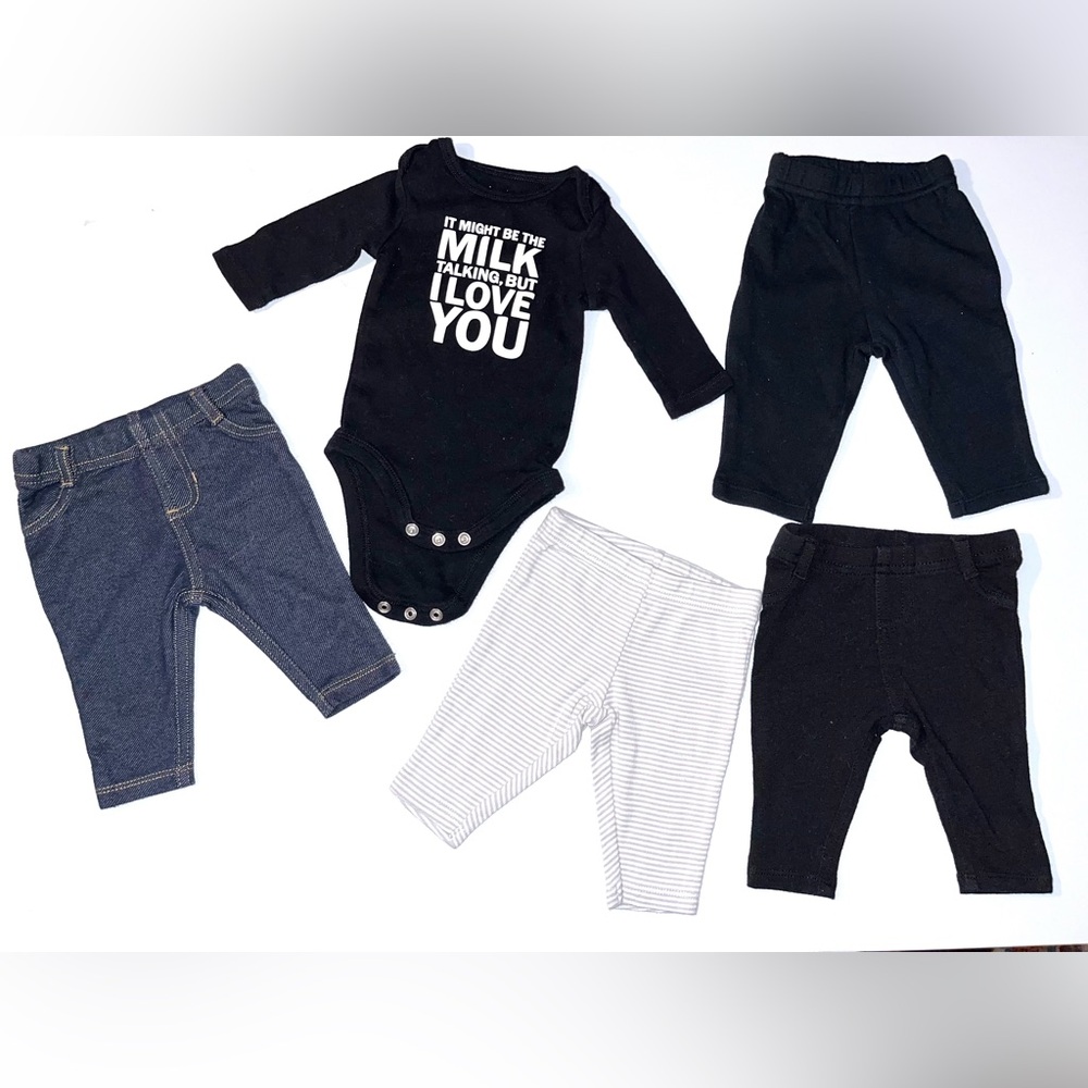 New Born Baby Boy 4 Items LOT Black Ouncie Okey Rockies 100% Cotton and 4 Pants